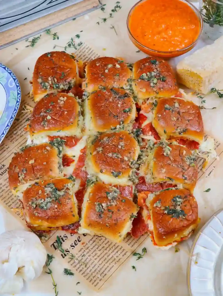pull apart roasted garlic butter pizza dip sliders