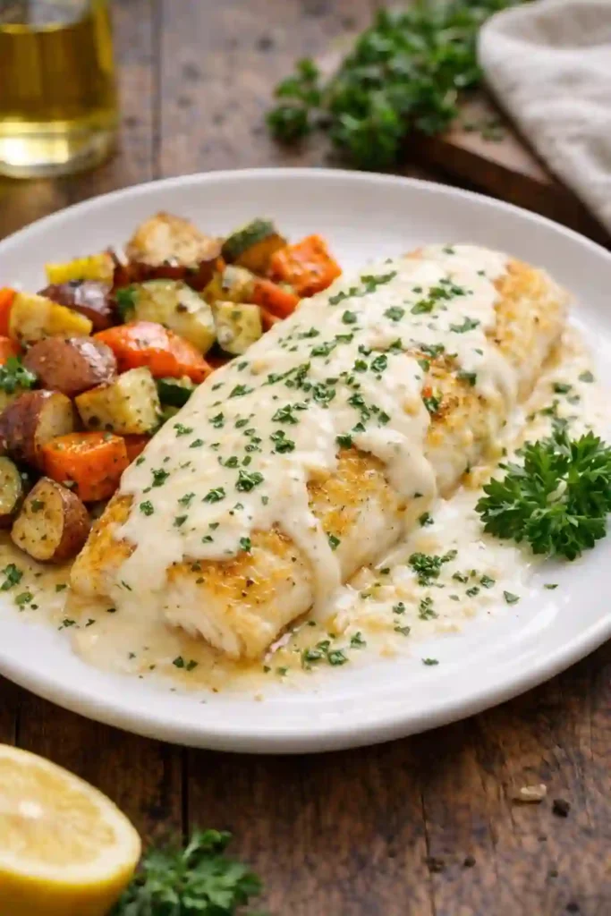 Orange Roughy with Garlic Cream Sauce