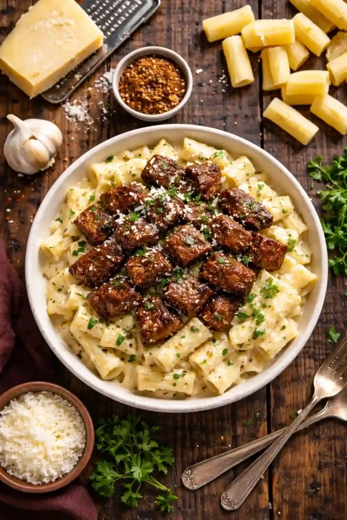 cajun steak tips in cheesy rigatoni parmesan sauce recipe