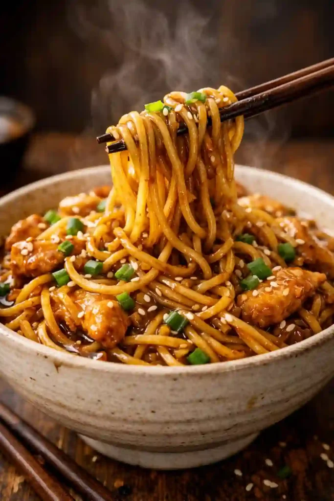 sticky garlic chicken noodles