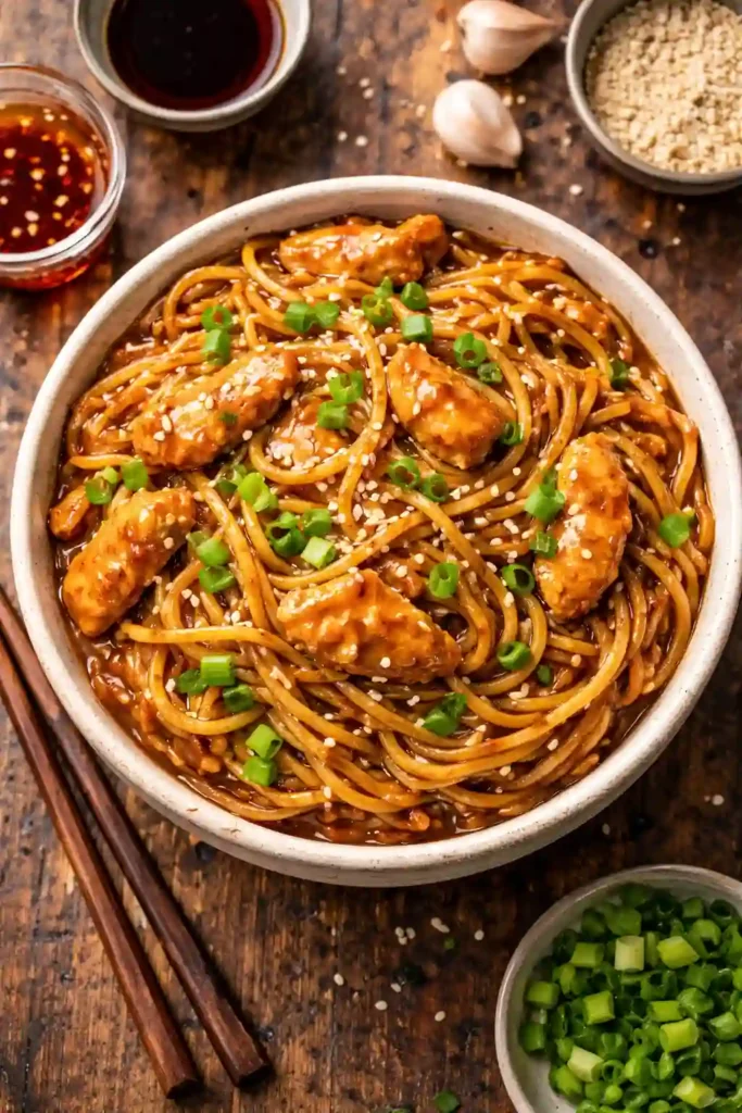 sticky garlic chicken noodles recipe