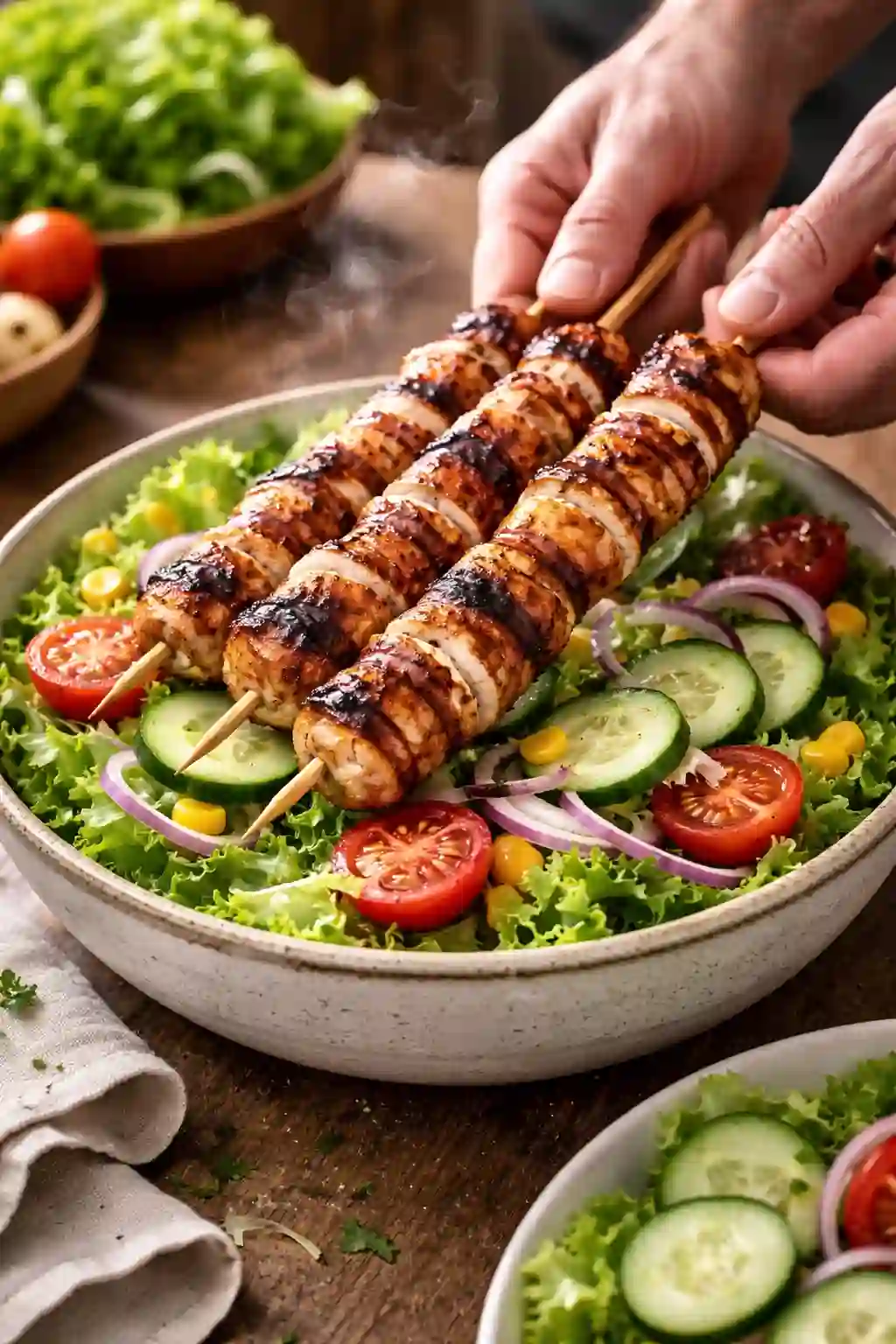 bbq chicken skewer salad