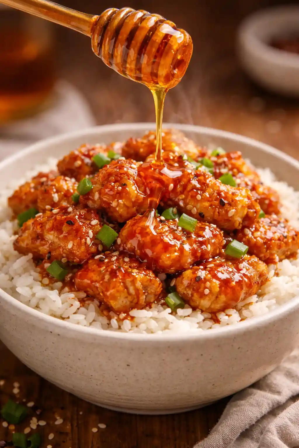 hot honey chicken and rice bowls